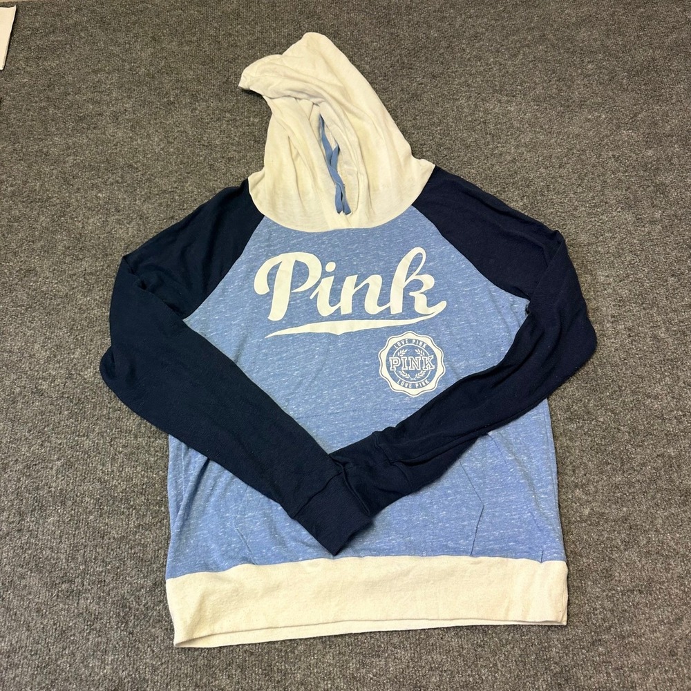 Victoria's Secret PINK Hoodie Womens Size M Blue Colorblock Raglan Lightweight